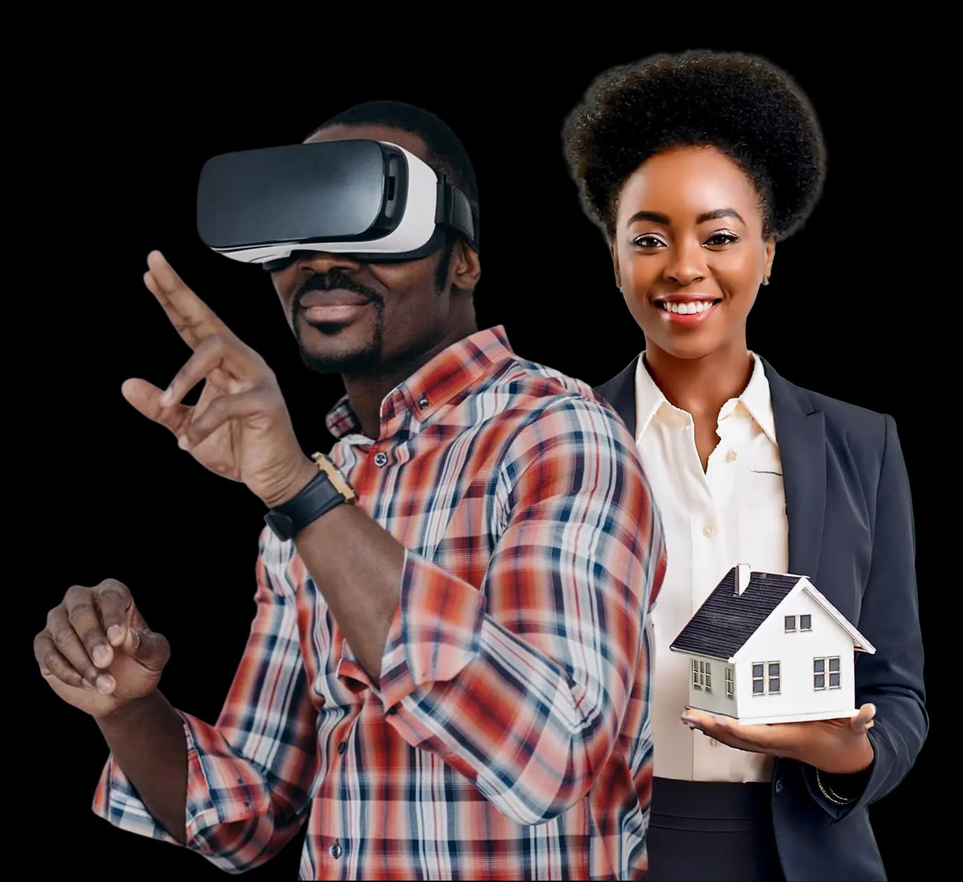 man wearing Vr Glasses and a Woman carrying a miniature house